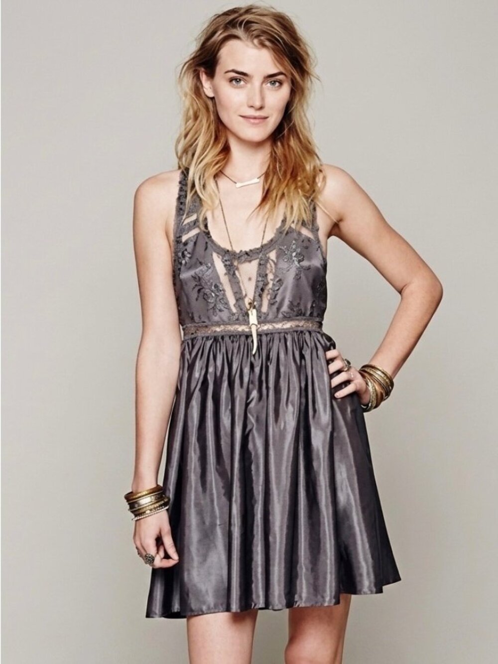 NWOT Free People Gray Satin Lace Dress| Whimsigoth Grunge Fairycore Indie Sleaze